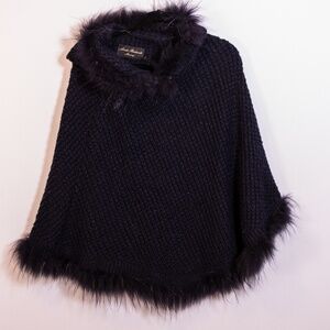 Linda Richards Chunky Knit Genuine Fur Lined Trim Hooded Poncho Sweater Blue OS
